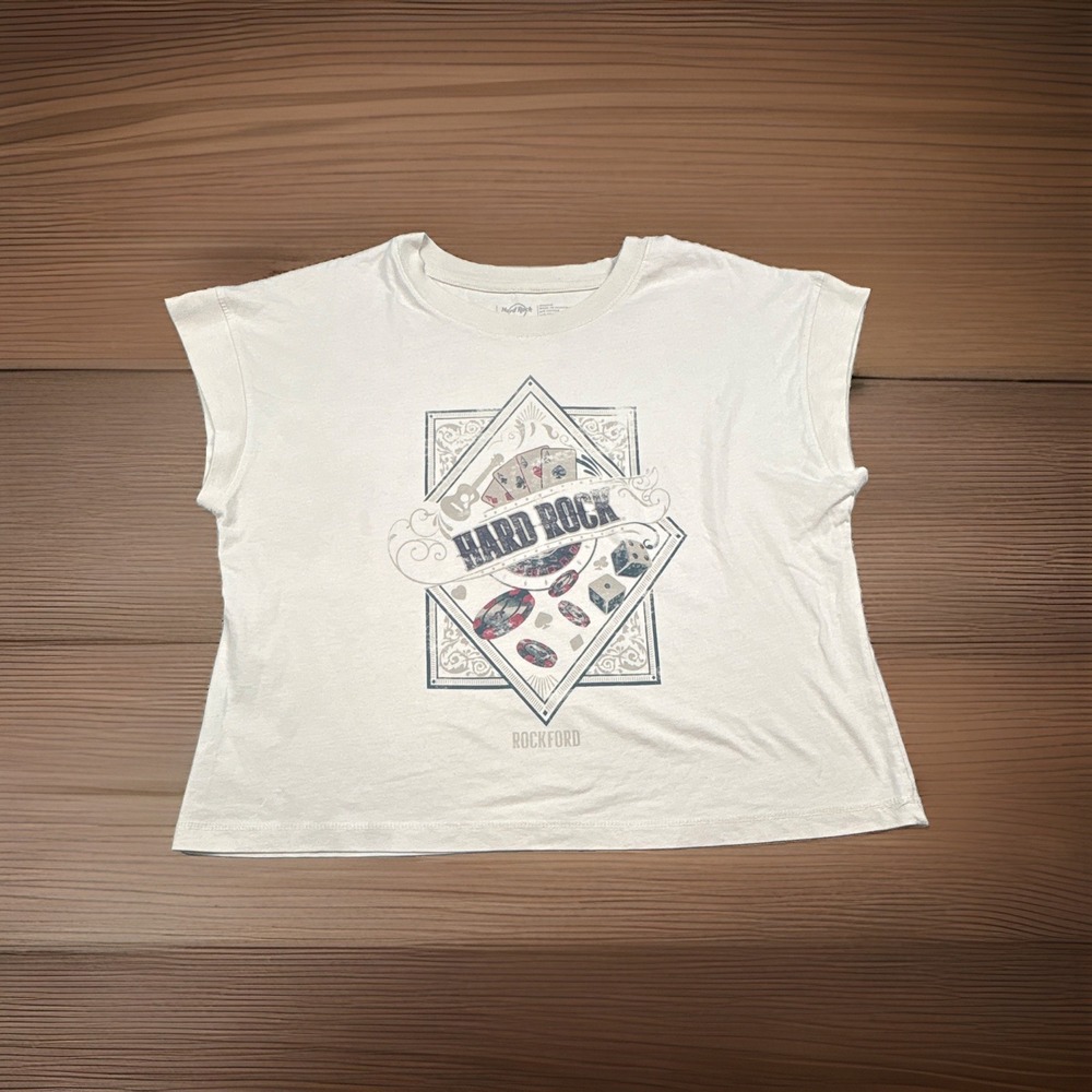 Hard Rock Cafe Rockford White Cropped Short Sleeve T-Shirt Top, Medium Oversize